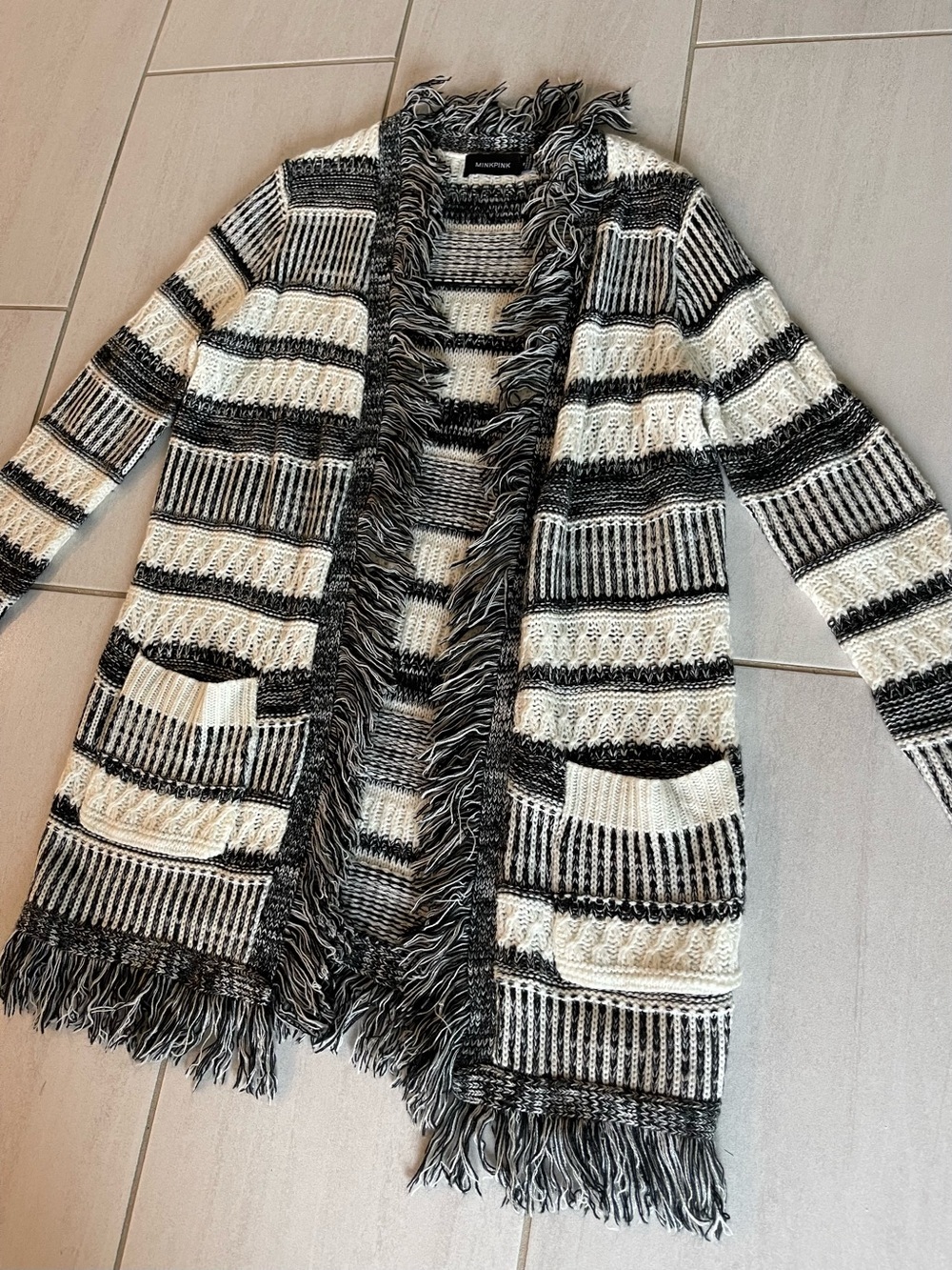 Minkpink Fringed Open-Front Black & White Striped Sweater Cardigan